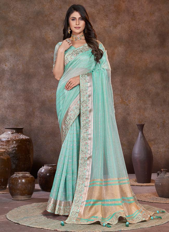 Top Dyed Sky Blue Party Wear Sequins Work Saree